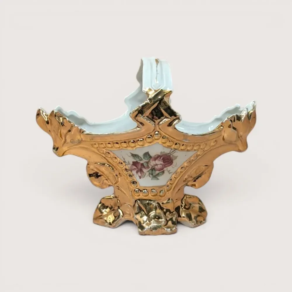 1950s Porcelain Gold Gilt Floral Small Basket
